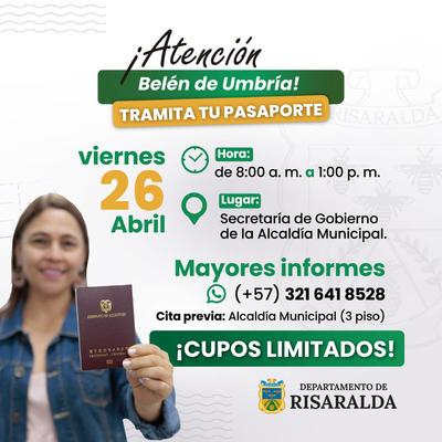 Belén de Umbría: segundo municipio que recibirá la jornada de descentralización de pasaportes